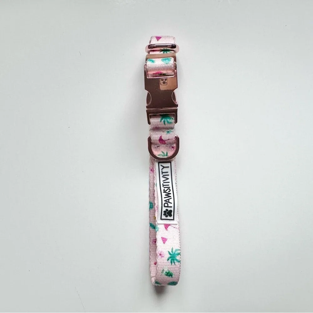 Pawsitivity Pink Pet Collar with Palm Trees Flamingos Rose Gold Clasp